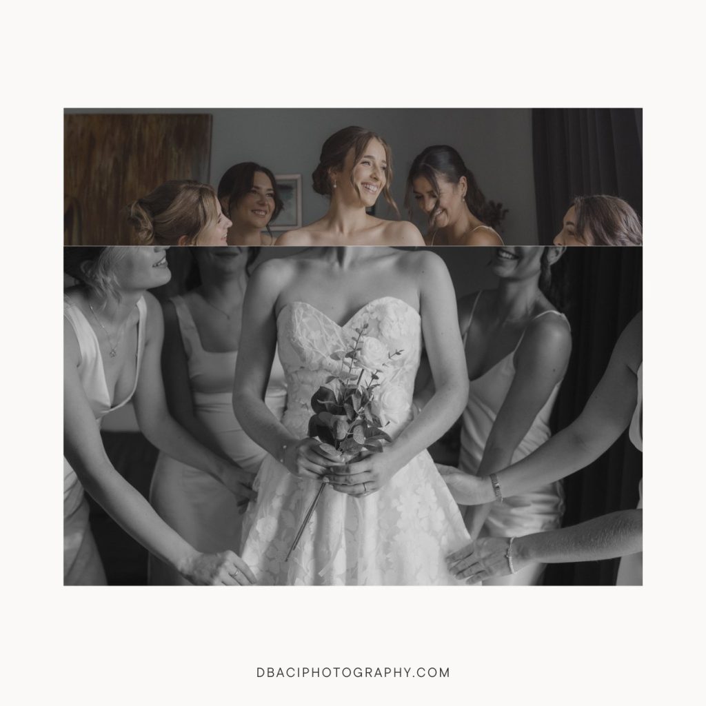 Wedding photographer in Massachusetts captures brides with bridesmaids before ceremony