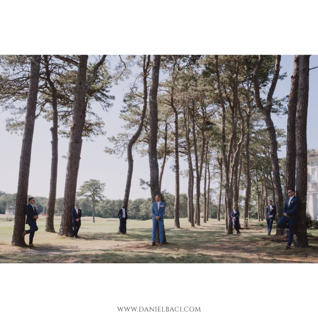Groomsmen pose for portrait at Willowbend Country Club on Cape Cod, MA. Photography by Daniel Baci