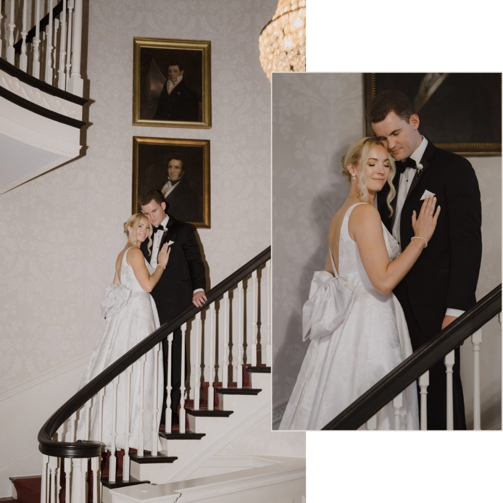 Wedding couple pose for portraits on the staircase at Glens Magna Farms. Massachusetts wedding photography by Daniel Baci