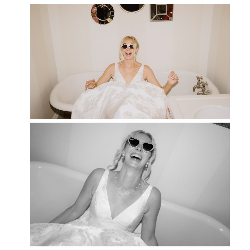 Brides wedding portrait playing in the bathtub at Glens Magna Farms wedding venue on thee North Shore, Massachusetts.