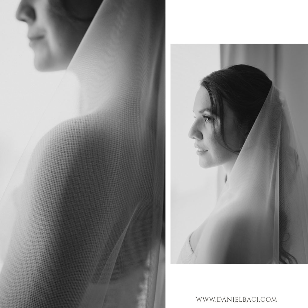 Black and white photo of bride in her wedding dress, before her Cape Cod luxury wedding ceremony at Willowbend wedding venue.