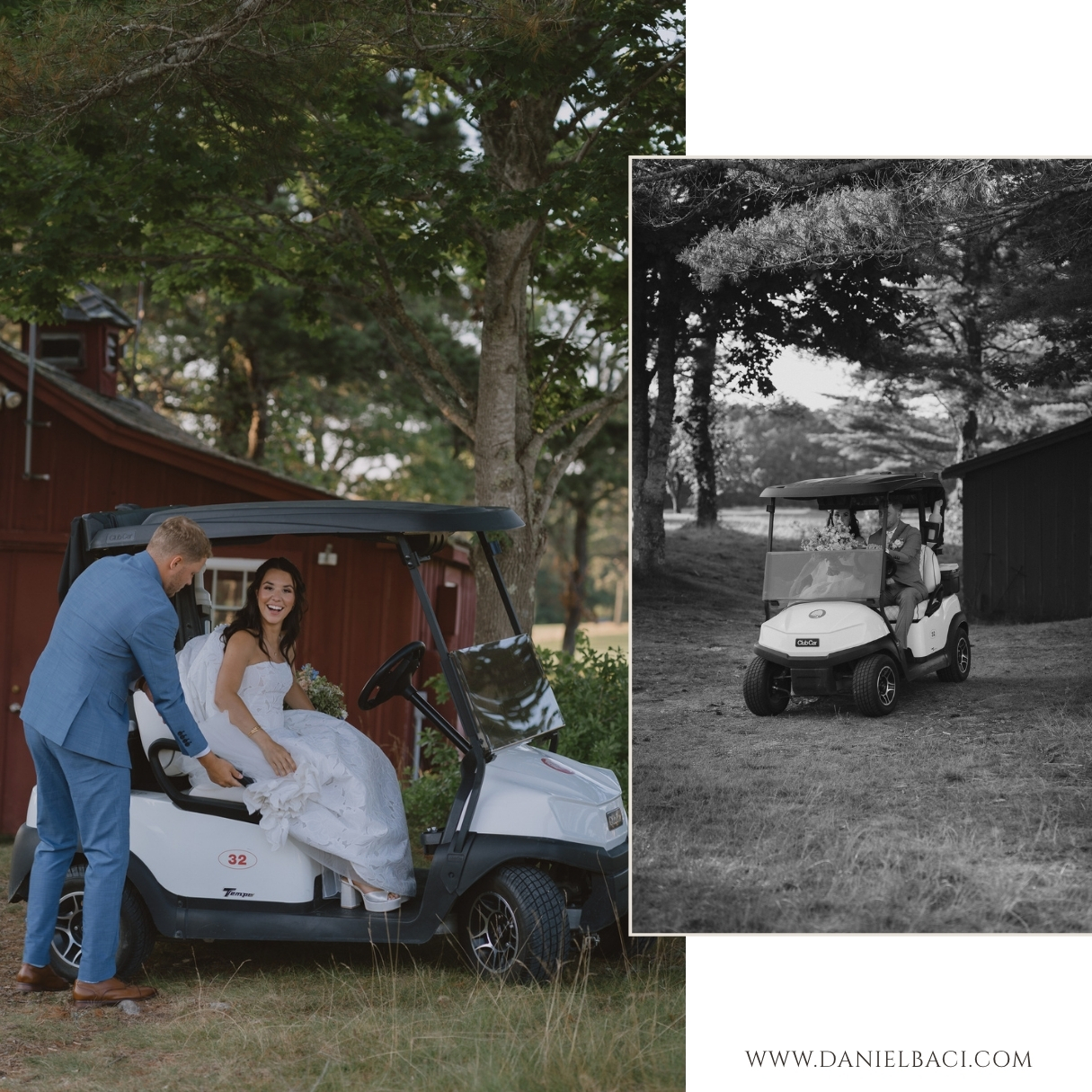Bride and groom riding golf cart at Cape Cod wedding. Photography by Daniel Baci