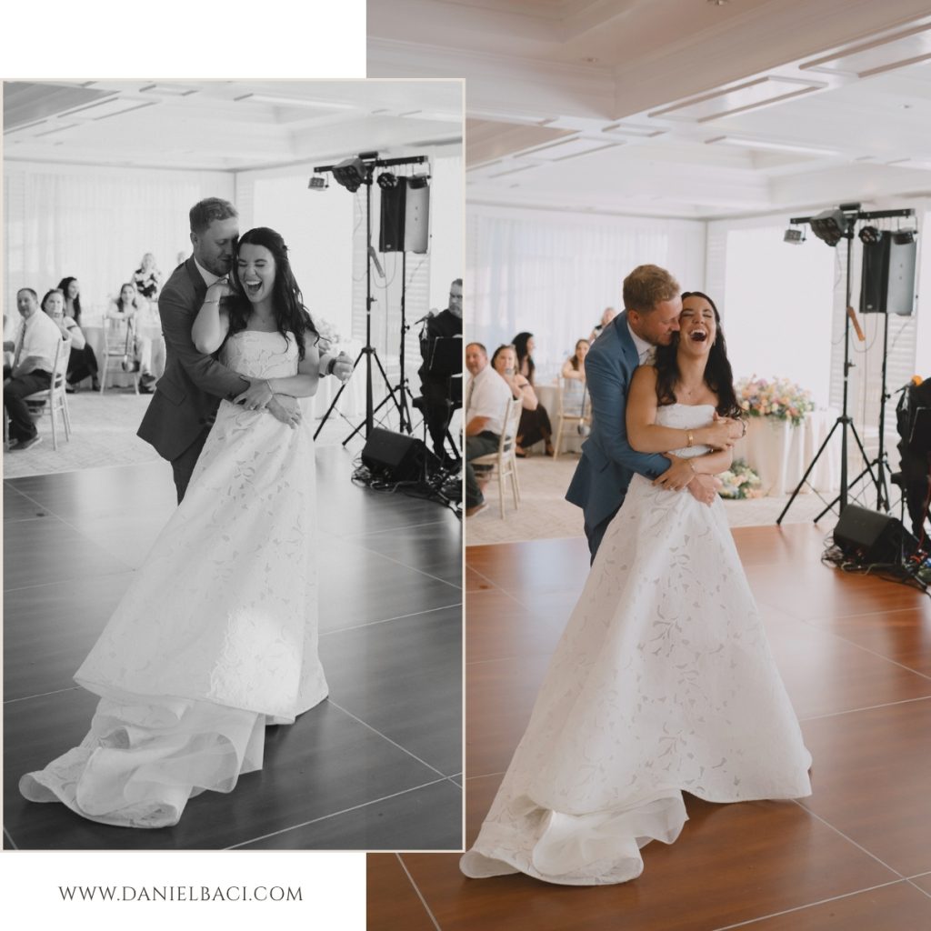 Photo of bride and grooms first dance at Cape Cod wedding at Willowbend. Wedding photography by Daniel Baci