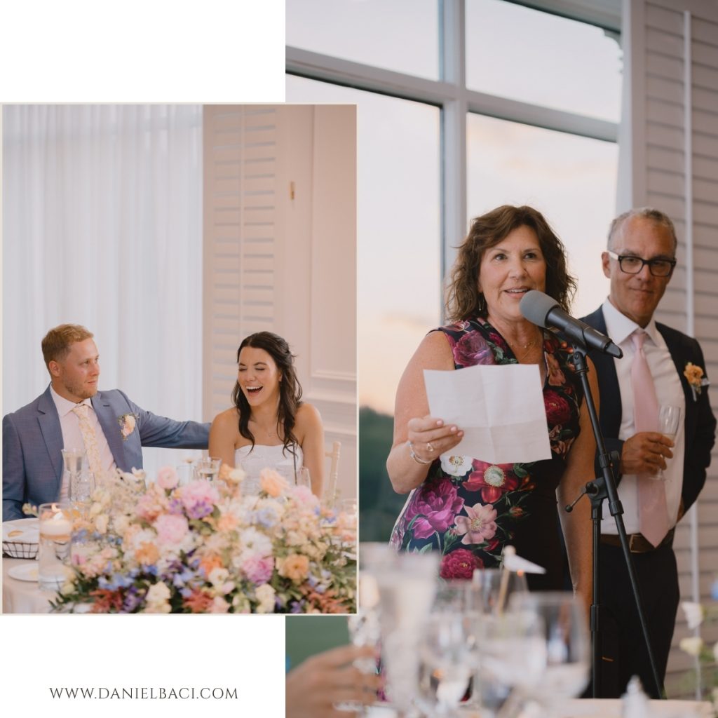 Speeches at wedding dinner reception at Willowbend venue on Cape Cod.