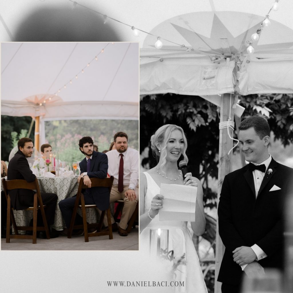 Bride and groom welcoming speech at wedding reception in Massachusetts.