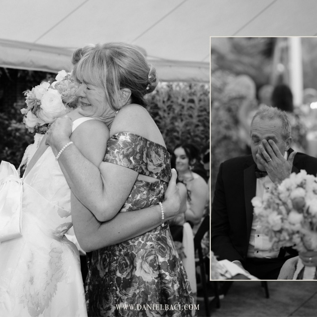 Mother of the bride hugging her daughter at wedding dinner reception in Massachusetts