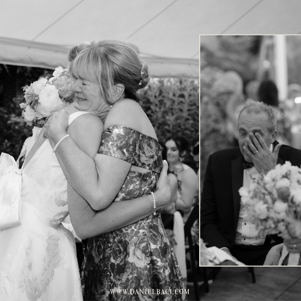 Mother of the bride hugging her daughter at wedding dinner reception in Massachusetts