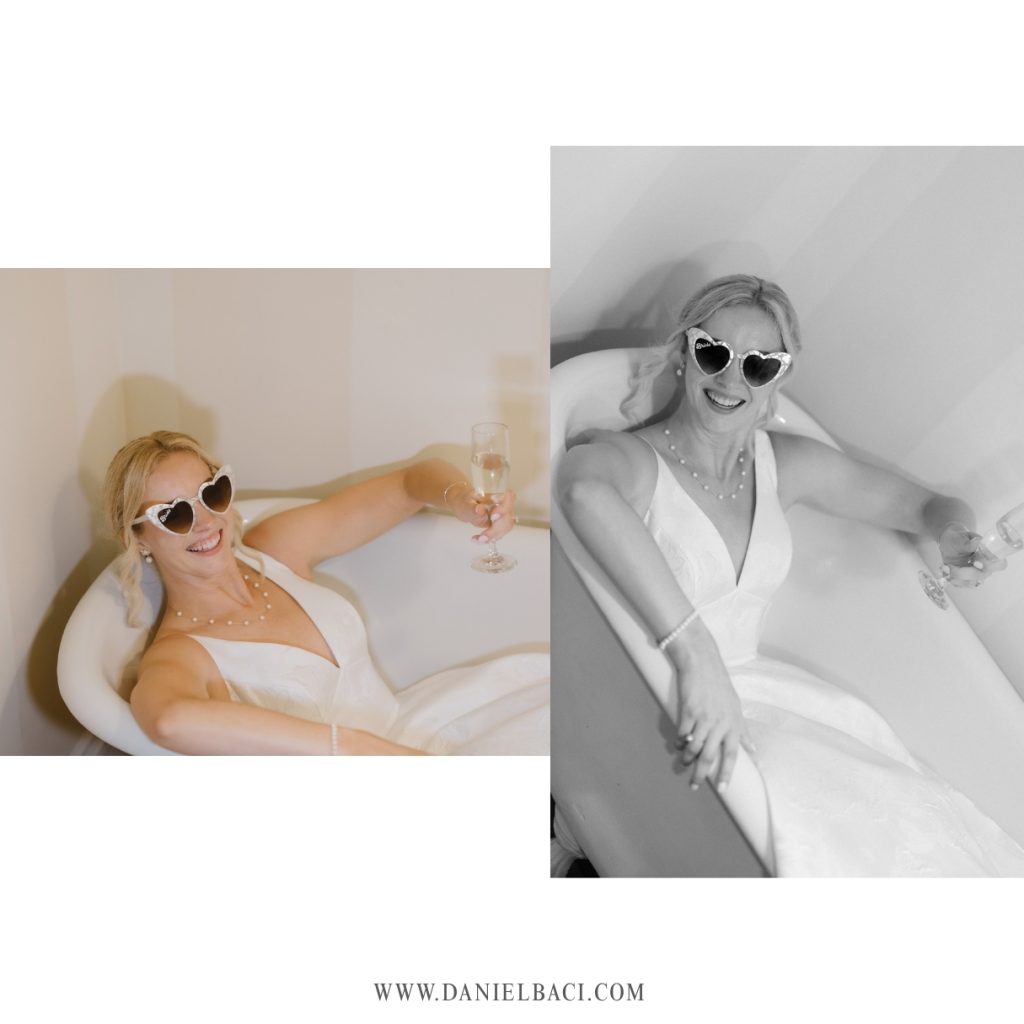 Bride ending the night with a glass of wine in the bathtub.