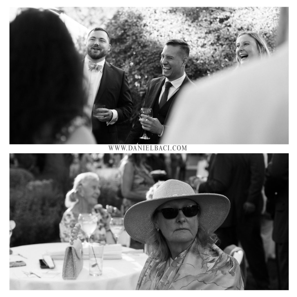 Candid black & white photos of guests mingling at Glen Magna farms wedding venue.