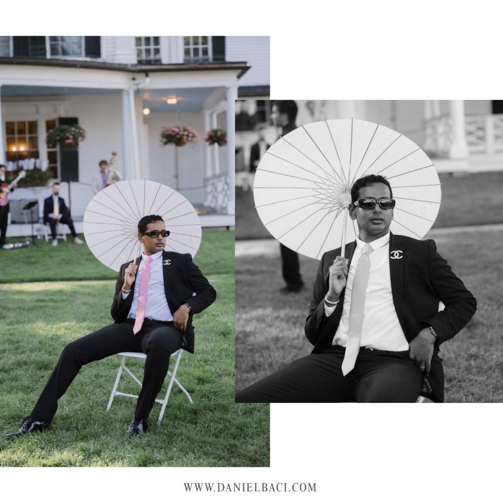 Wedding guest posing for photos at luxury wedding venue in MA.