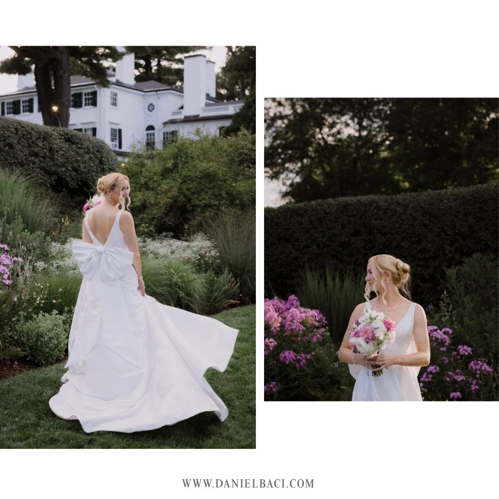Portraits with the bride in the garden at Glen Magna Farms